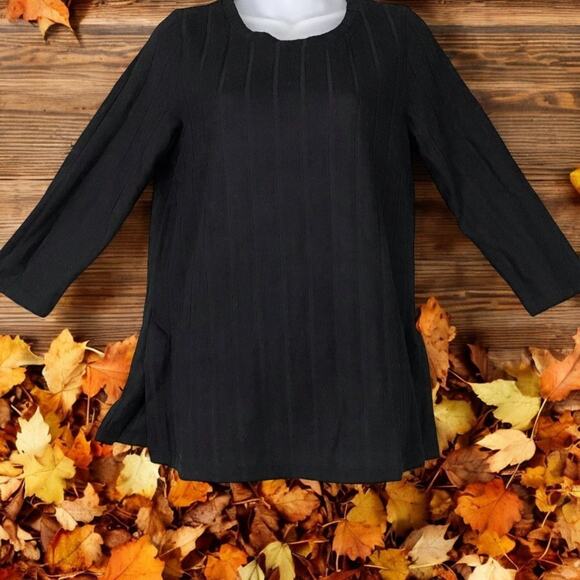 Bobeau Women's Medium Black Wide Rib Knit Top Crew Neck 3/4 Sleeve Side Slit - Picture 2 of 10